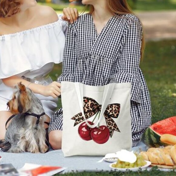 Reusable Canvas Shoulder Bag with Cherry Graphic Design - Picture 6 of 7
